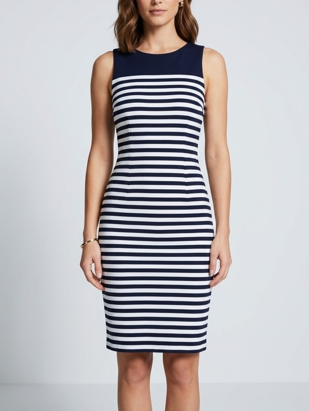 Banana Republic Womens Sz 2 Navy and White Striped Sleeveless Sheath Midi Dress
